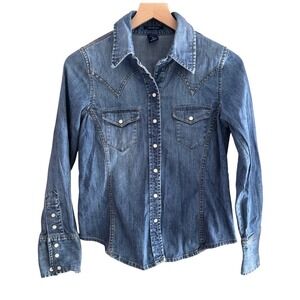 Gap Vintage Y2K Womens Denim Western Shirt Medium Wash Pearl Snap Stretch XS